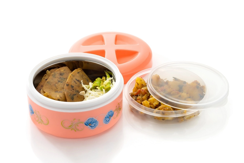 ROUND LUNCH BOX STEEL BOWL ( SMALL PLASTIC CONTAINER)